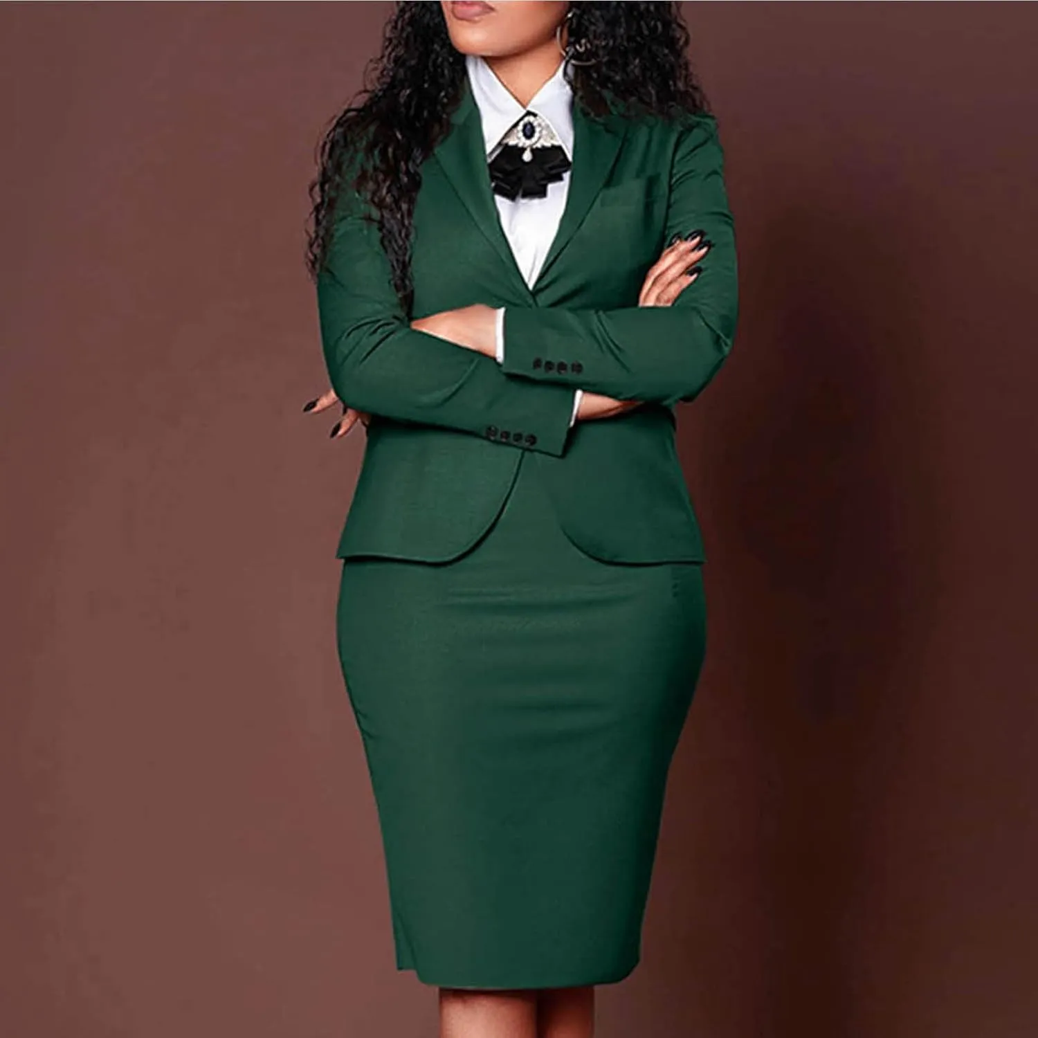 Women's 2 Piece Suit Skirt Set Business Casual Long Sleeve Lapel Neck Blazer and High Waisted Midi Pencil Skirt Business Suit
