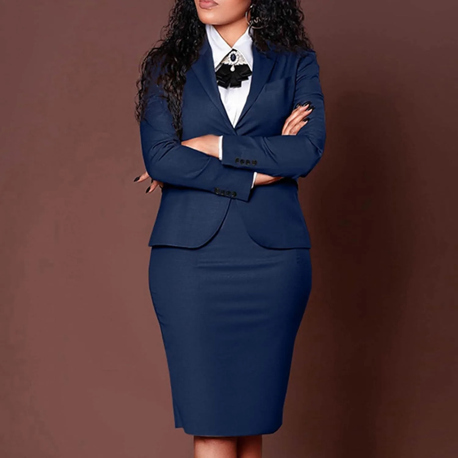 Women's 2 Piece Suit Skirt Set Business Casual Long Sleeve Lapel Neck Blazer and High Waisted Midi Pencil Skirt Business Suit