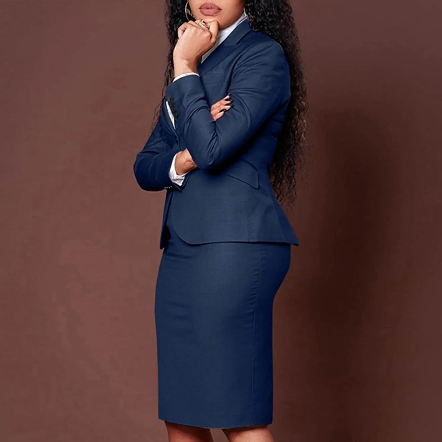 Women's 2 Piece Suit Skirt Set Business Casual Long Sleeve Lapel Neck Blazer and High Waisted Midi Pencil Skirt Business Suit