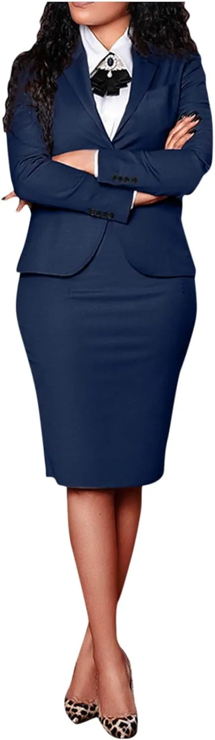 Women's 2 Piece Suit Skirt Set Business Casual Long Sleeve Lapel Neck Blazer and High Waisted Midi Pencil Skirt Business Suit