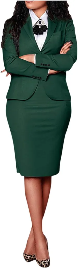 Women's 2 Piece Suit Skirt Set Business Casual Long Sleeve Lapel Neck Blazer and High Waisted Midi Pencil Skirt Business Suit