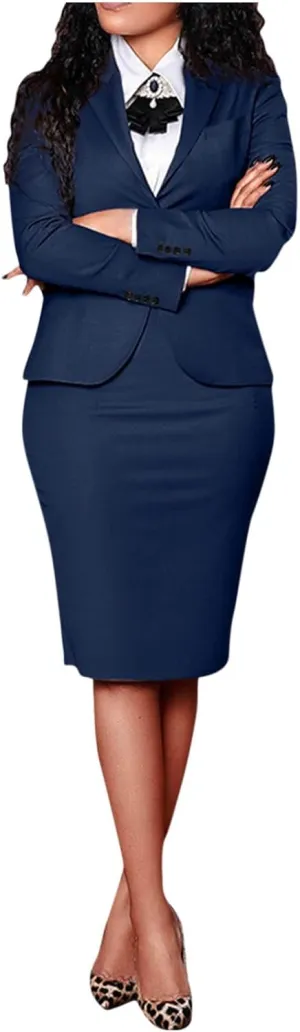 Women's 2 Piece Suit Skirt Set Business Casual Long Sleeve Lapel Neck Blazer and High Waisted Midi Pencil Skirt Business Suit