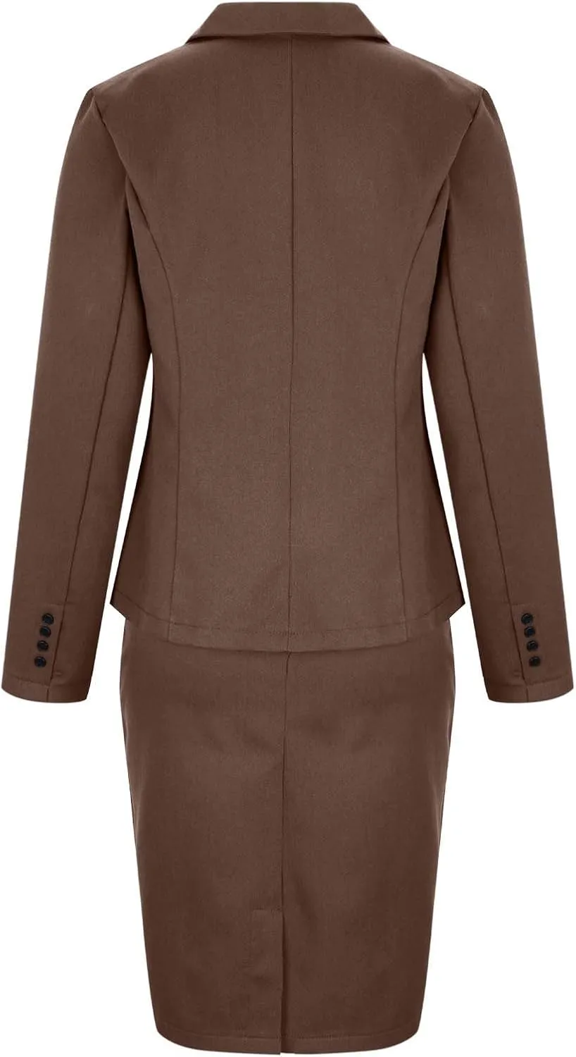 Women's 2 Piece Suit Skirt Set Business Casual Long Sleeve Lapel Neck Blazer and High Waisted Midi Pencil Skirt Business Suit