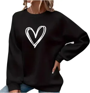 Womens 2024 Winter Oversized Crewneck Sweatshirts Cute Heart Print Tops Casual Loose Long Sleeve Pullover Sweaters