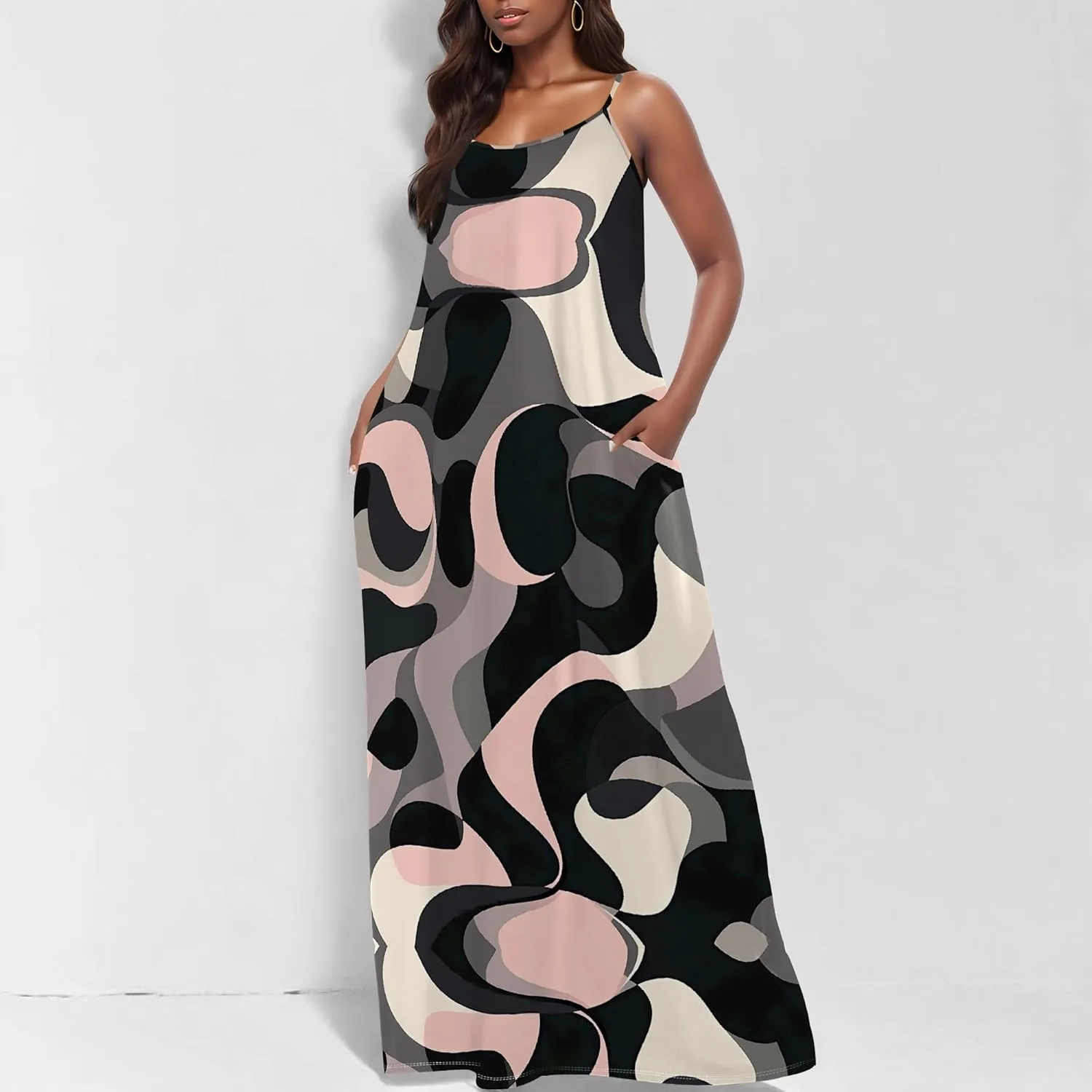 Womens 2025 Casual Sleeveless Spaghetti Strap Sundress Plus Size Loose Long Summer Boho Beach Maxi Dress with Pockets