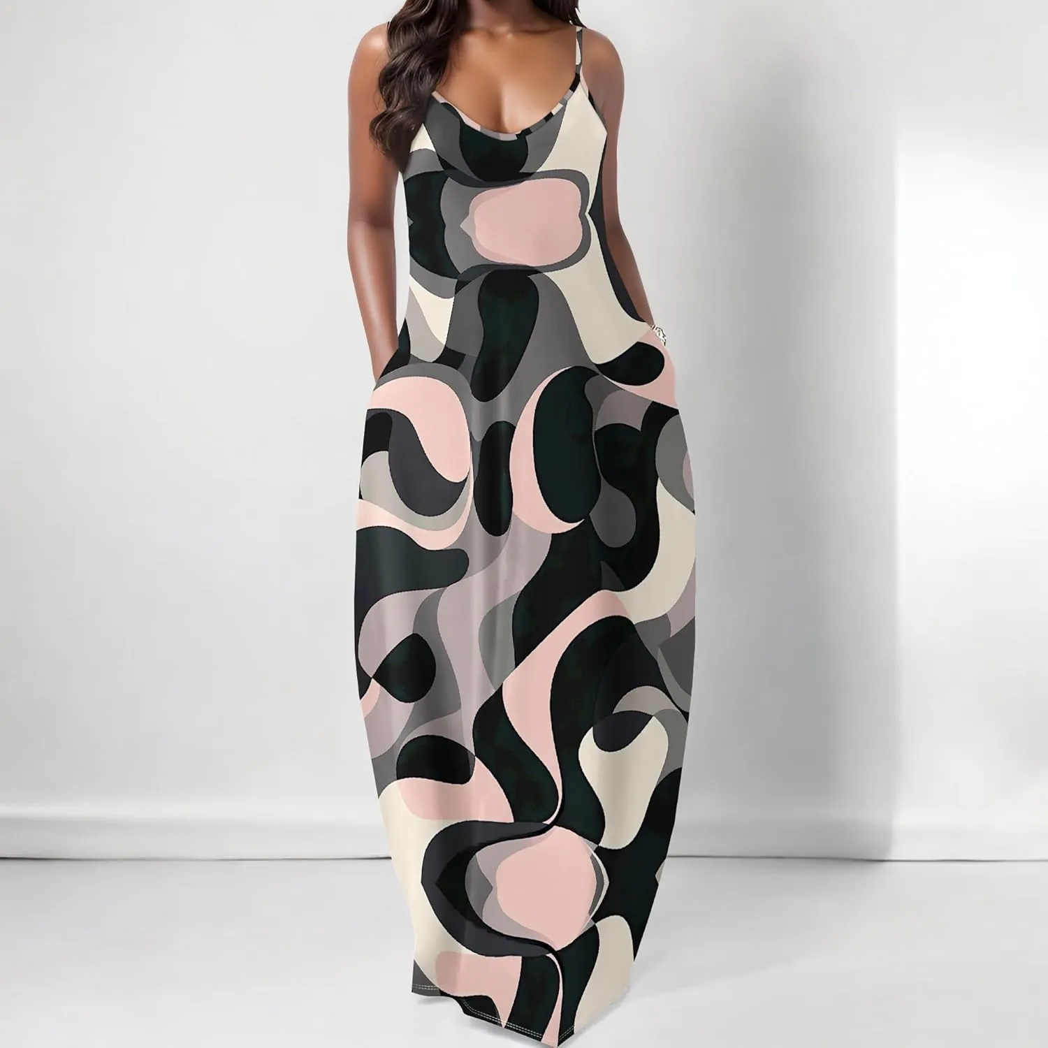 Womens 2025 Casual Sleeveless Spaghetti Strap Sundress Plus Size Loose Long Summer Boho Beach Maxi Dress with Pockets