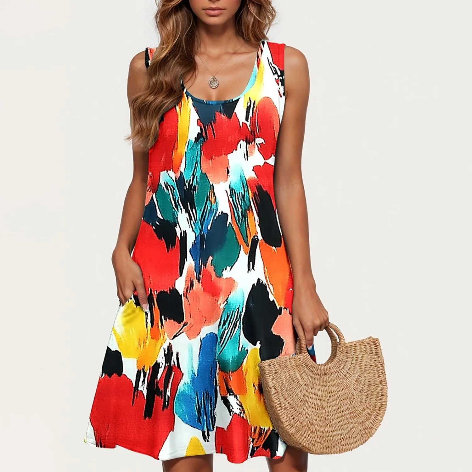 Womens 2025 Summer Floral Midi Dress Exotic Casual Square Neck Sleeveless Beach Wedding Guest Flowy a-Line Mini Dress
