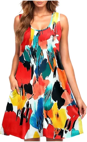 Womens 2025 Summer Floral Midi Dress Exotic Casual Square Neck Sleeveless Beach Wedding Guest Flowy a-Line Mini Dress