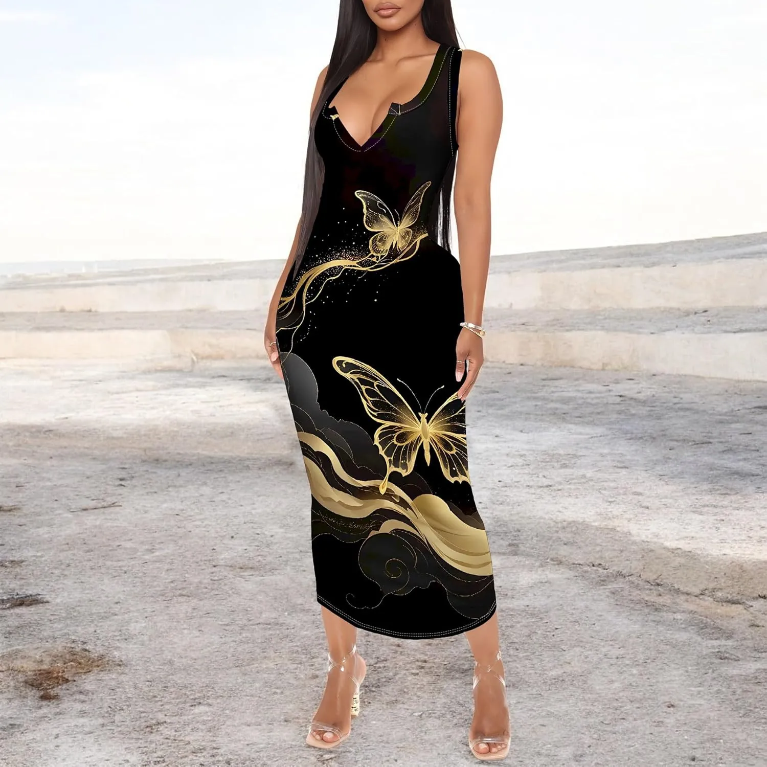Women's African Print Maxi Dress Casual Bodycon Tank Dress Sexy V Neck Sleeveless Summer Long Party Club Beach Sundresses