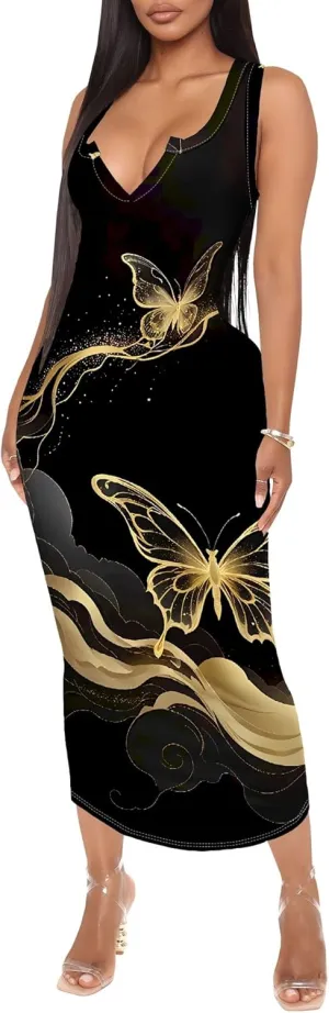 Women's African Print Maxi Dress Casual Bodycon Tank Dress Sexy V Neck Sleeveless Summer Long Party Club Beach Sundresses