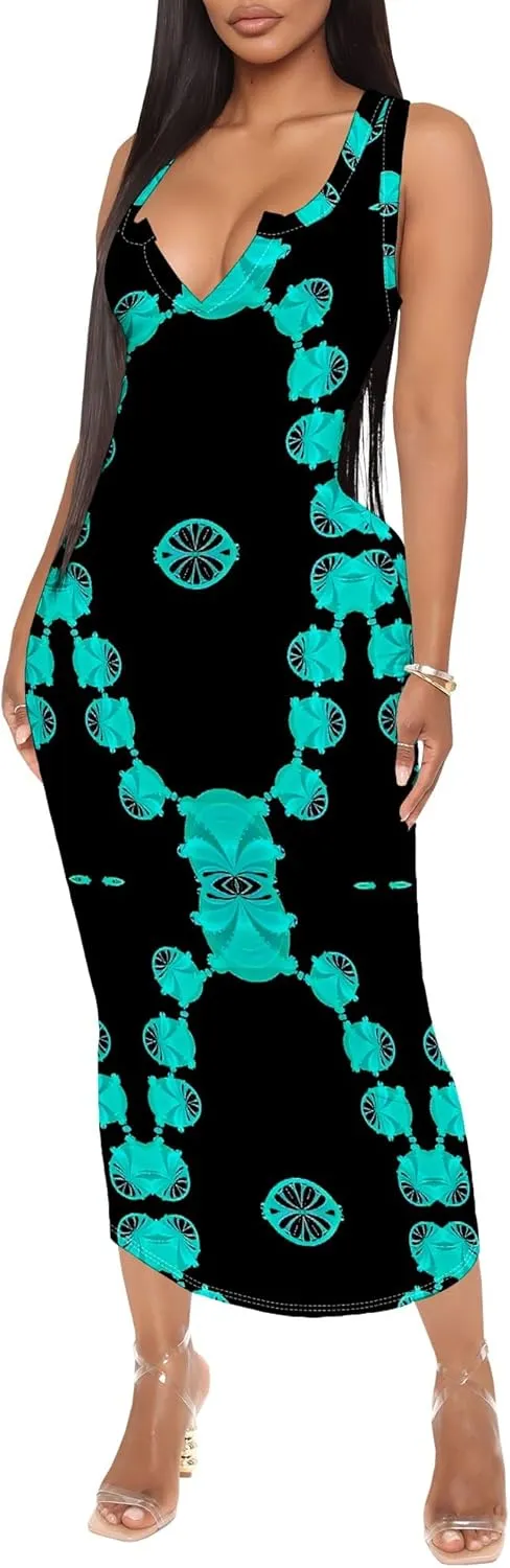 Women's African Print Maxi Dress Casual Bodycon Tank Dress Sexy V Neck Sleeveless Summer Long Party Club Beach Sundresses
