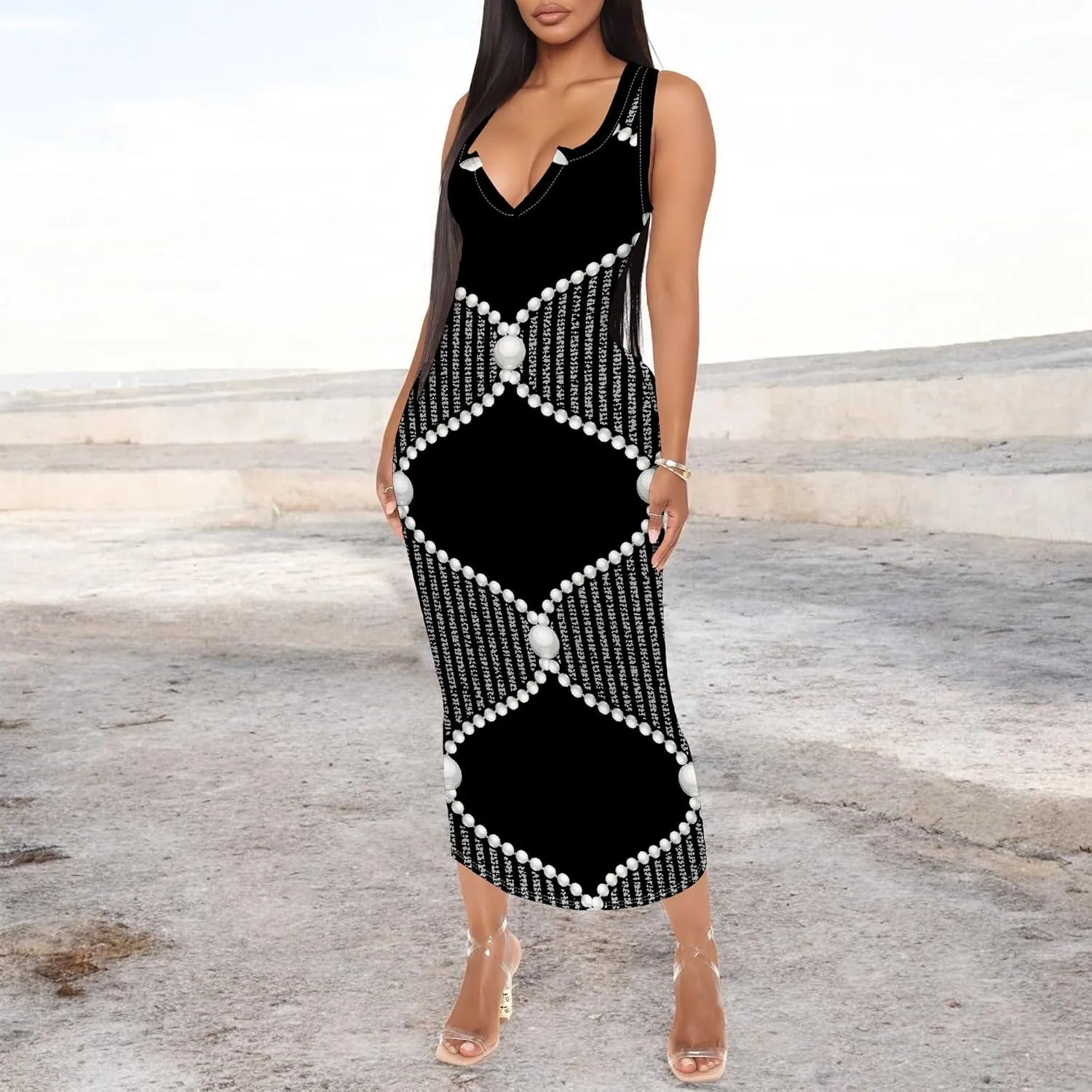 Women's African Print Maxi Dress Casual Bodycon Tank Dress Sexy V Neck Sleeveless Summer Long Party Club Beach Sundresses