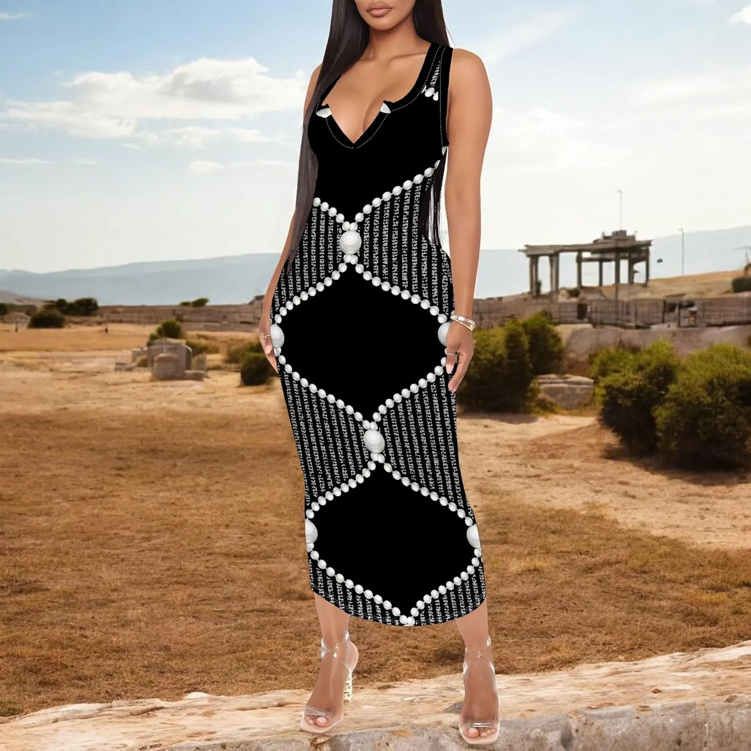 Women's African Print Maxi Dress Casual Bodycon Tank Dress Sexy V Neck Sleeveless Summer Long Party Club Beach Sundresses