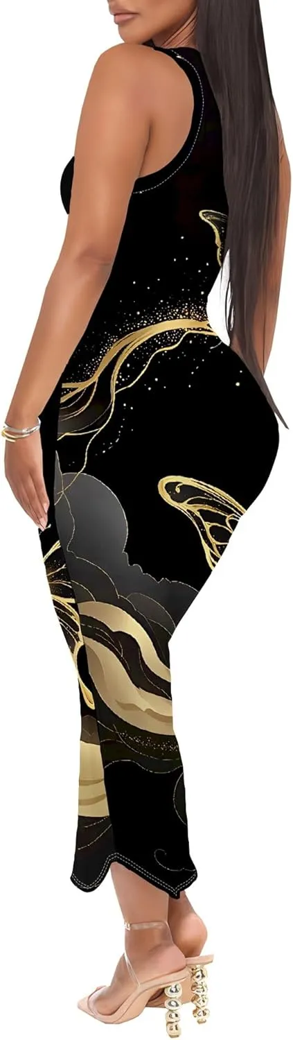 Women's African Print Maxi Dress Casual Bodycon Tank Dress Sexy V Neck Sleeveless Summer Long Party Club Beach Sundresses