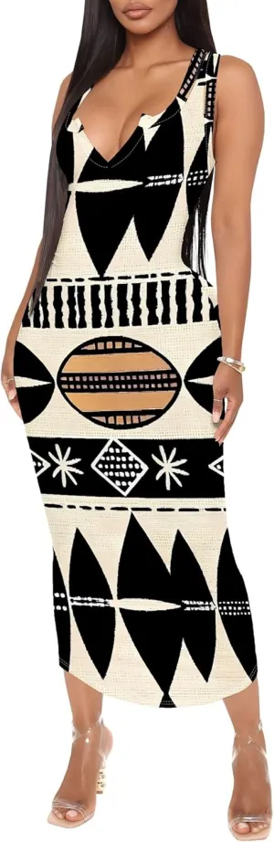 Women's African Print Maxi Dress Casual Bodycon Tank Dress Sexy V Neck Sleeveless Summer Long Party Club Beach Sundresses