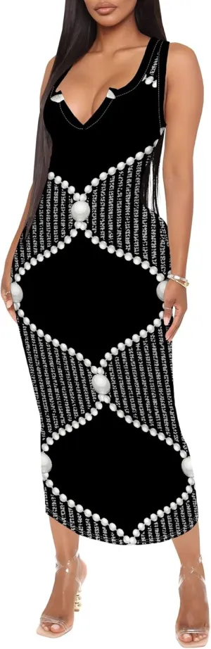 Women's African Print Maxi Dress Casual Bodycon Tank Dress Sexy V Neck Sleeveless Summer Long Party Club Beach Sundresses