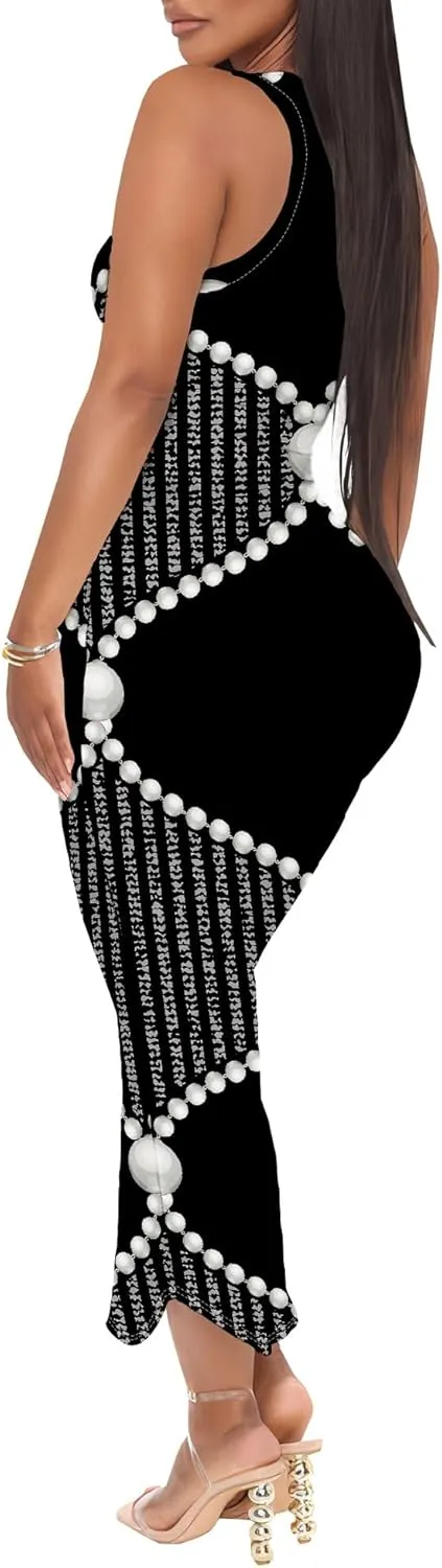 Women's African Print Maxi Dress Casual Bodycon Tank Dress Sexy V Neck Sleeveless Summer Long Party Club Beach Sundresses