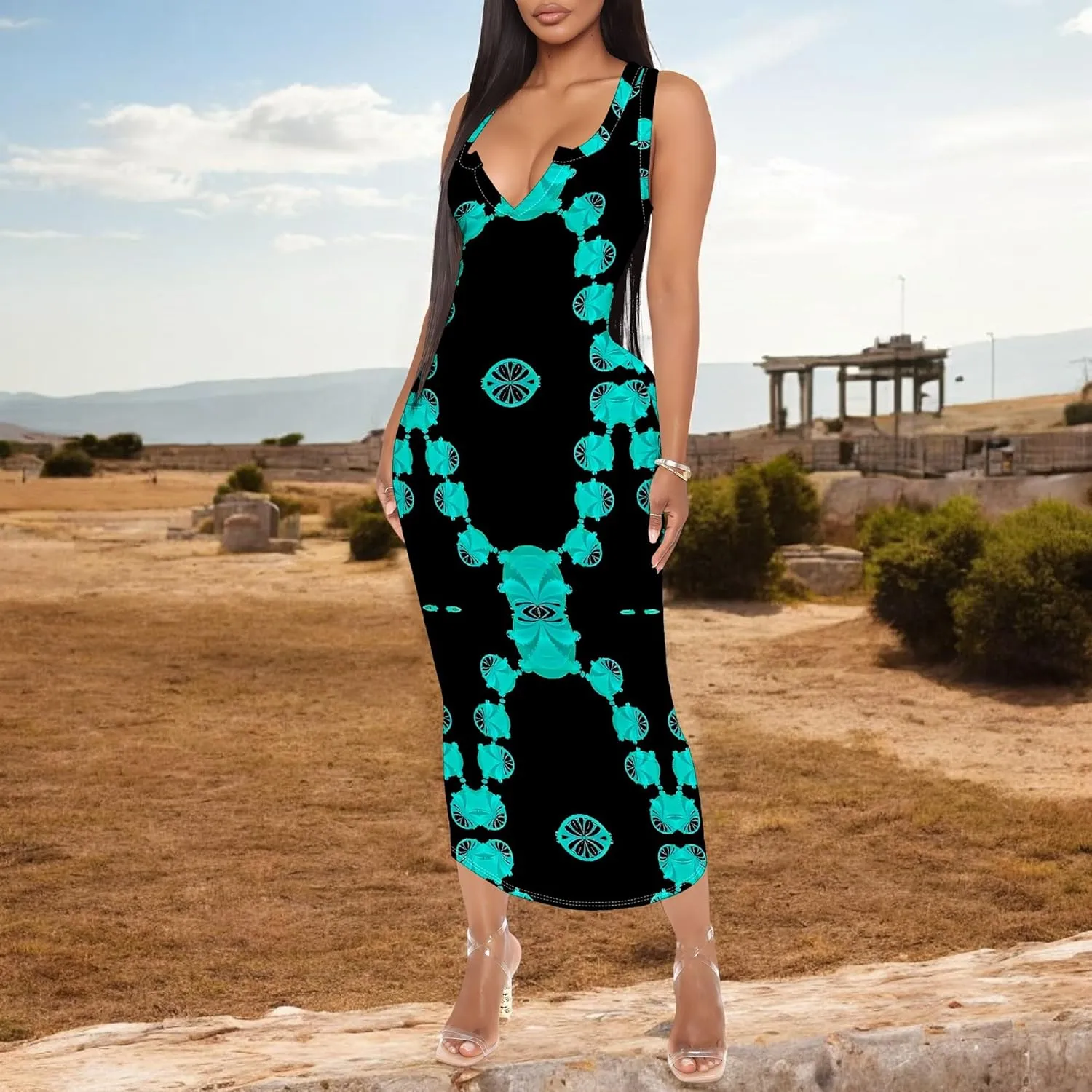 Women's African Print Maxi Dress Casual Bodycon Tank Dress Sexy V Neck Sleeveless Summer Long Party Club Beach Sundresses
