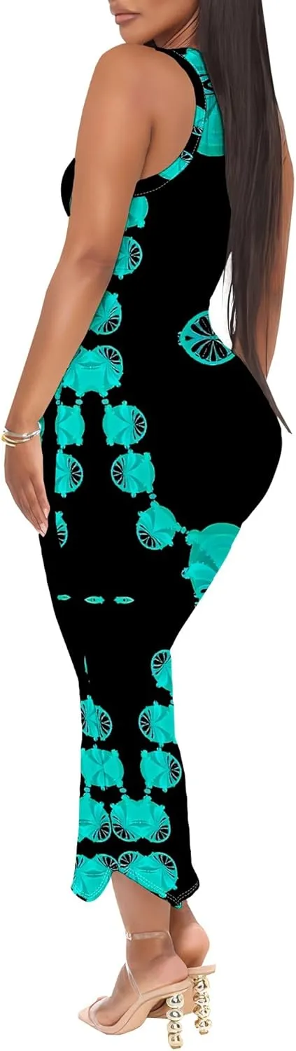 Women's African Print Maxi Dress Casual Bodycon Tank Dress Sexy V Neck Sleeveless Summer Long Party Club Beach Sundresses