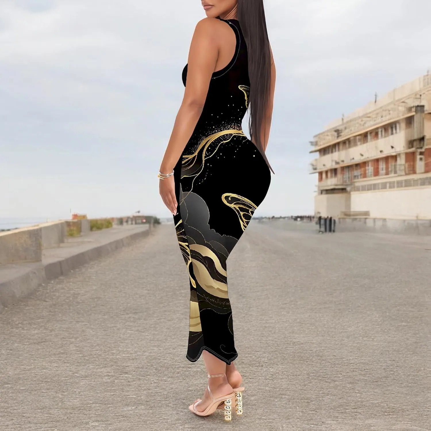 Women's African Print Maxi Dress Casual Bodycon Tank Dress Sexy V Neck Sleeveless Summer Long Party Club Beach Sundresses
