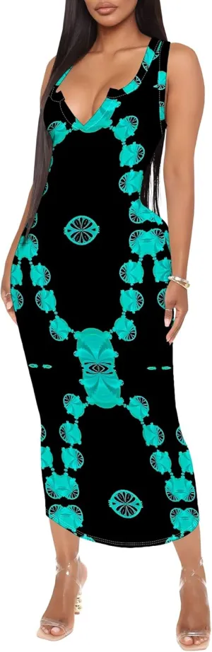 Women's African Print Maxi Dress Casual Bodycon Tank Dress Sexy V Neck Sleeveless Summer Long Party Club Beach Sundresses