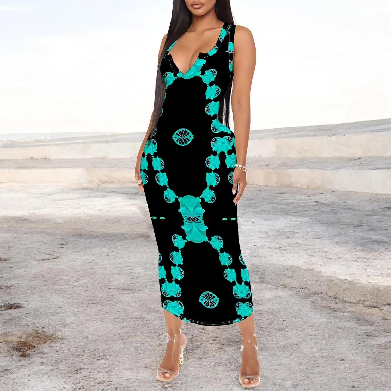 Women's African Print Maxi Dress Casual Bodycon Tank Dress Sexy V Neck Sleeveless Summer Long Party Club Beach Sundresses