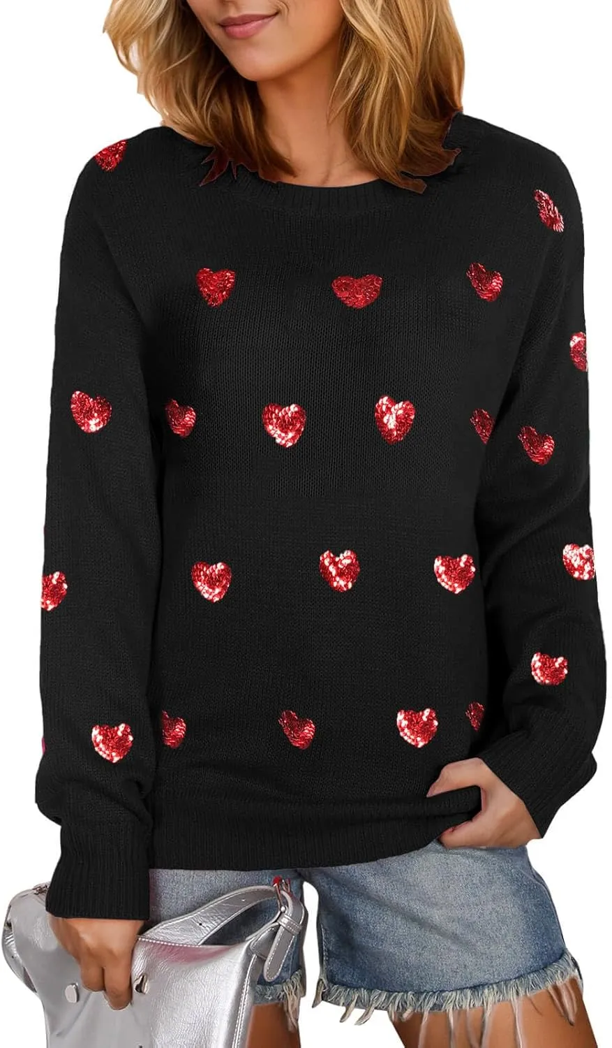 Womens American Flag Sweater Long Sleeve Crew Neck Knitted Casual Pullover Sweater