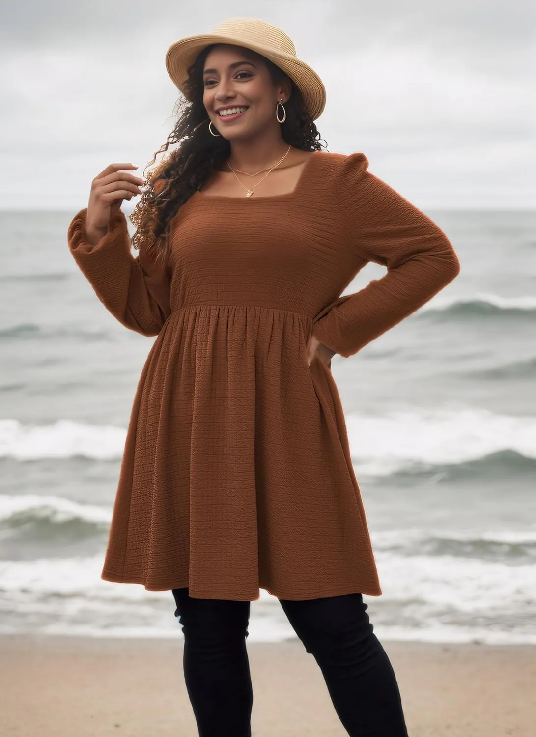 Womens Babydoll Dresses Square Neck Long Sleeve Knee Length Flowy Swing Shirring Mini Dresses Fall Dress