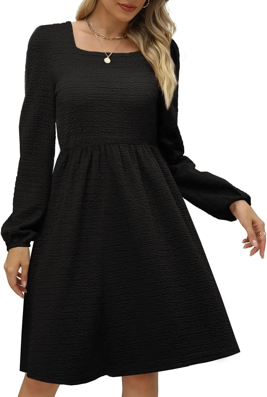 Womens Babydoll Dresses Square Neck Long Sleeve Knee Length Flowy Swing Shirring Mini Dresses Fall Dress