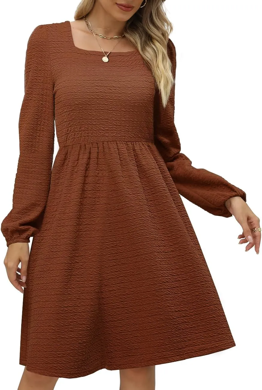 Womens Babydoll Dresses Square Neck Long Sleeve Knee Length Flowy Swing Shirring Mini Dresses Fall Dress
