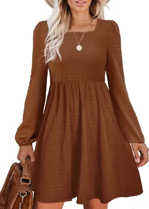 Womens Babydoll Dresses Square Neck Long Sleeve Knee Length Flowy Swing Shirring Mini Dresses Fall Dress