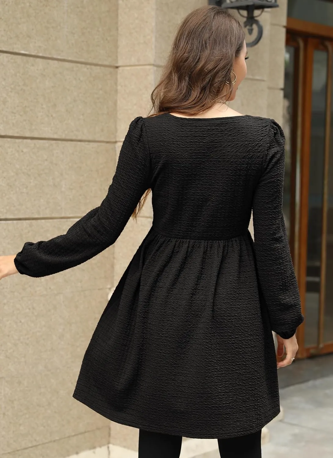 Womens Babydoll Dresses Square Neck Long Sleeve Knee Length Flowy Swing Shirring Mini Dresses Fall Dress