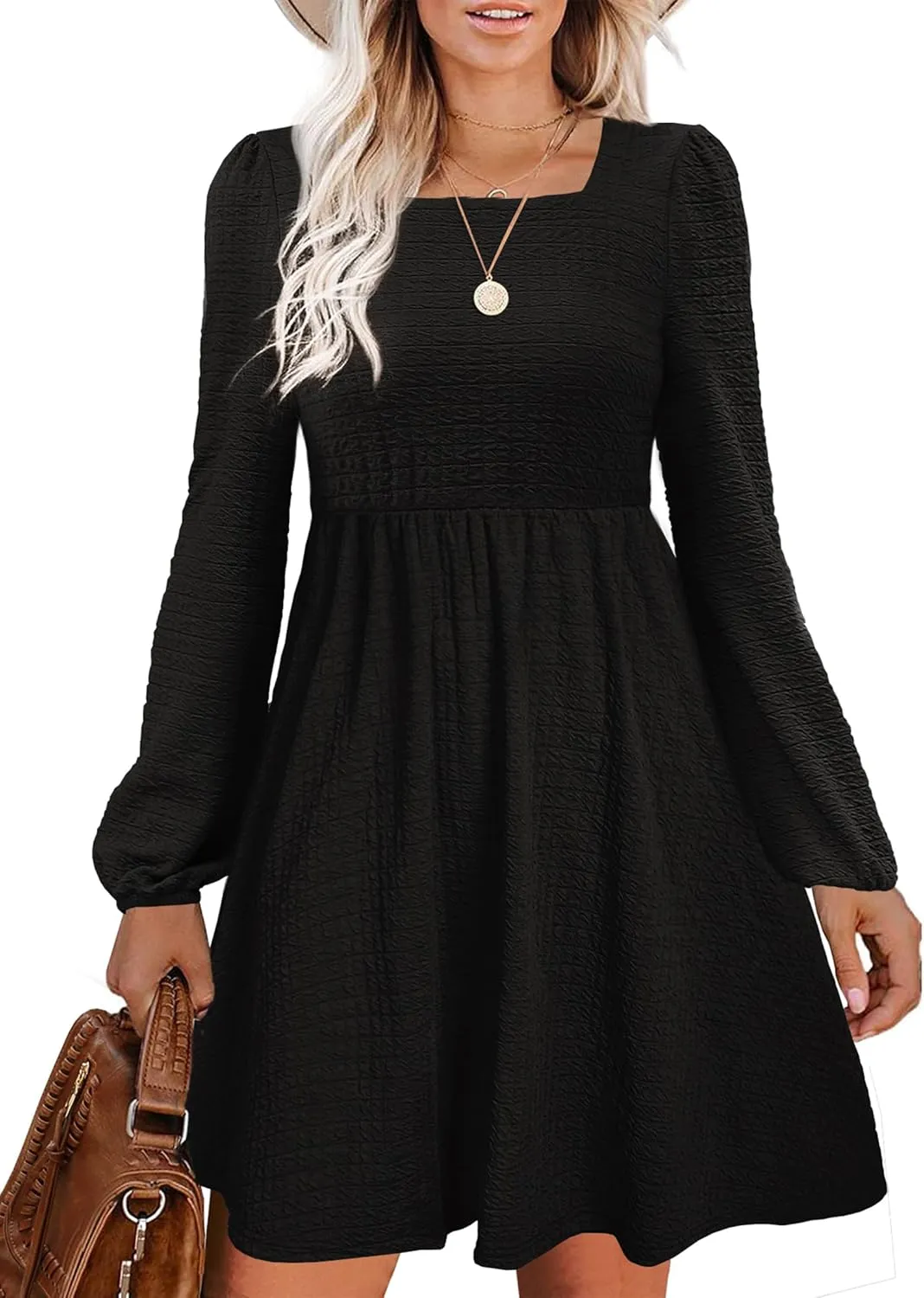 Womens Babydoll Dresses Square Neck Long Sleeve Knee Length Flowy Swing Shirring Mini Dresses Fall Dress