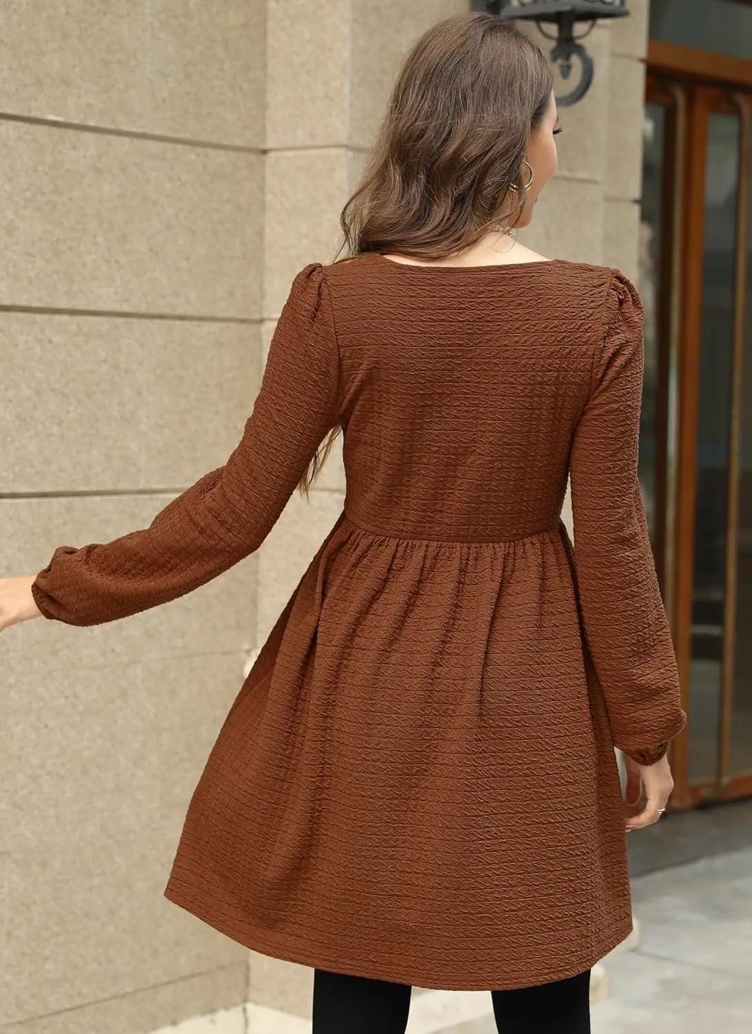Womens Babydoll Dresses Square Neck Long Sleeve Knee Length Flowy Swing Shirring Mini Dresses Fall Dress