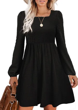 Womens Babydoll Dresses Square Neck Long Sleeve Knee Length Flowy Swing Shirring Mini Dresses Fall Dress