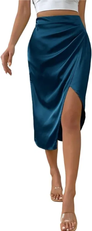 Women's Basic High Waist Ruched Wrap Hem Satin Midi Skinny Skirt Zipper Plain Elegant Casual Skirts