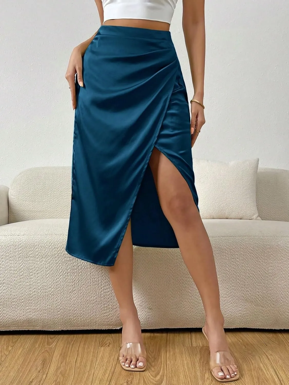 Women's Basic High Waist Ruched Wrap Hem Satin Midi Skinny Skirt Zipper Plain Elegant Casual Skirts