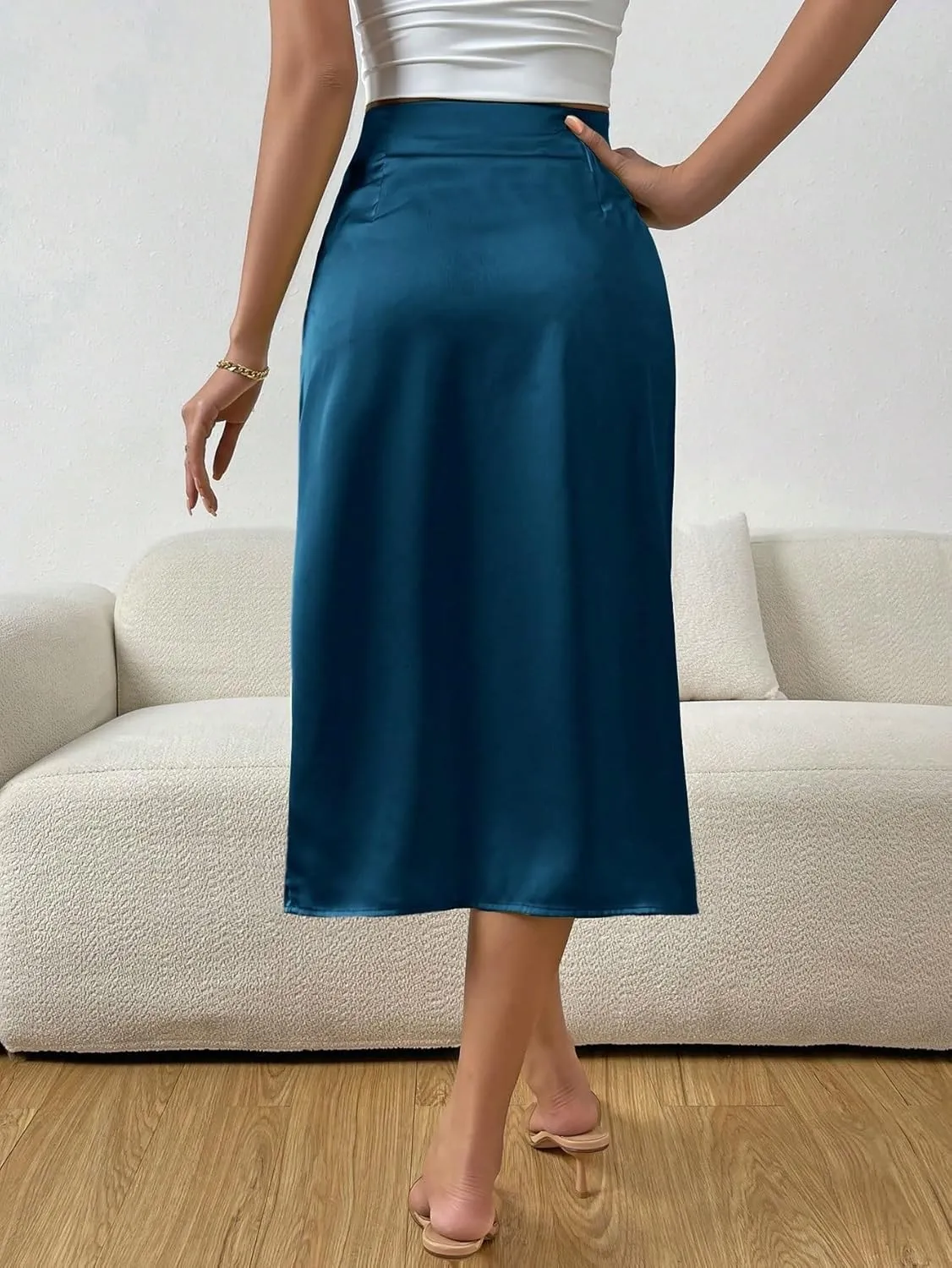 Women's Basic High Waist Ruched Wrap Hem Satin Midi Skinny Skirt Zipper Plain Elegant Casual Skirts