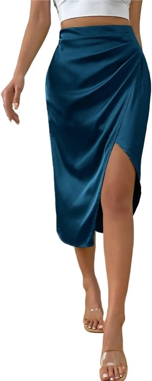 Women's Basic High Waist Ruched Wrap Hem Satin Midi Skinny Skirt Zipper Plain Elegant Casual Skirts
