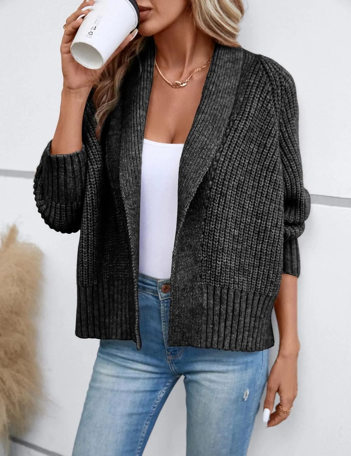 Women's Cardigan Sweaters Fall Winter Open Front Batwing Long Sleeve Shawl Neck Chunky Knit Loose Outwear Coats