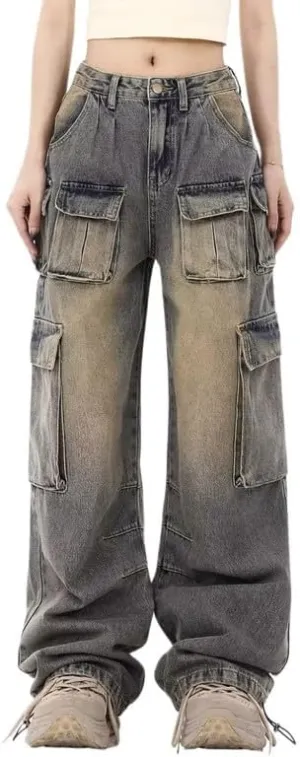 Women's Cargo Pants Low Waist Baggy Jeans Y2K Pocket Wide Leg Casual Trendy Streetwear Grunge Emo Clothes