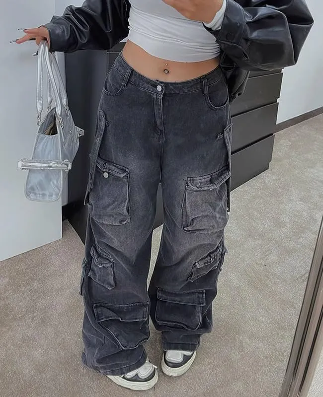 Women's Cargo Pants Low Waist Baggy Jeans Y2K Pocket Wide Leg Casual Trendy Streetwear Grunge Emo Clothes