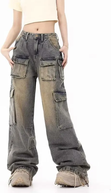 Women's Cargo Pants Low Waist Baggy Jeans Y2K Pocket Wide Leg Casual Trendy Streetwear Grunge Emo Clothes