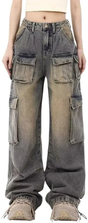 Women's Cargo Pants Low Waist Baggy Jeans Y2K Pocket Wide Leg Casual Trendy Streetwear Grunge Emo Clothes