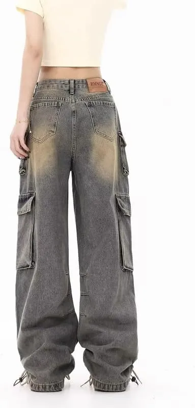 Women's Cargo Pants Low Waist Baggy Jeans Y2K Pocket Wide Leg Casual Trendy Streetwear Grunge Emo Clothes