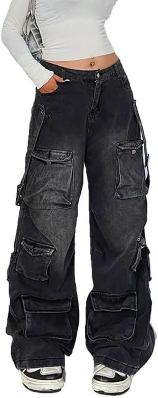 Women's Cargo Pants Low Waist Baggy Jeans Y2K Pocket Wide Leg Casual Trendy Streetwear Grunge Emo Clothes