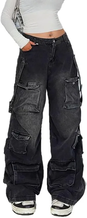 Women's Cargo Pants Low Waist Baggy Jeans Y2K Pocket Wide Leg Casual Trendy Streetwear Grunge Emo Clothes