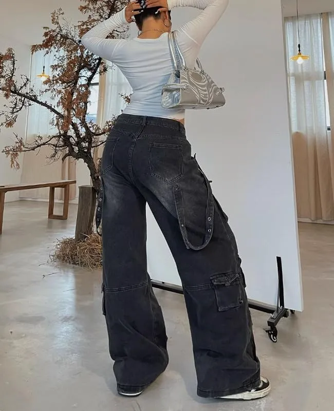 Women's Cargo Pants Low Waist Baggy Jeans Y2K Pocket Wide Leg Casual Trendy Streetwear Grunge Emo Clothes