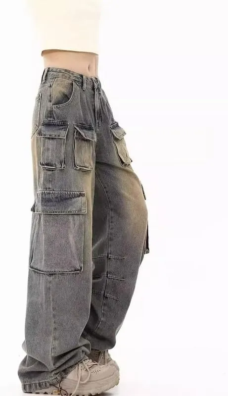 Women's Cargo Pants Low Waist Baggy Jeans Y2K Pocket Wide Leg Casual Trendy Streetwear Grunge Emo Clothes