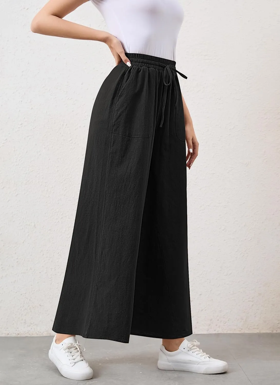 Womens Casual Linen Wide Leg Pants Trousers High Waisted Drawstring Tailored Baggy Pant Palazzo Lounge Pant Pockets